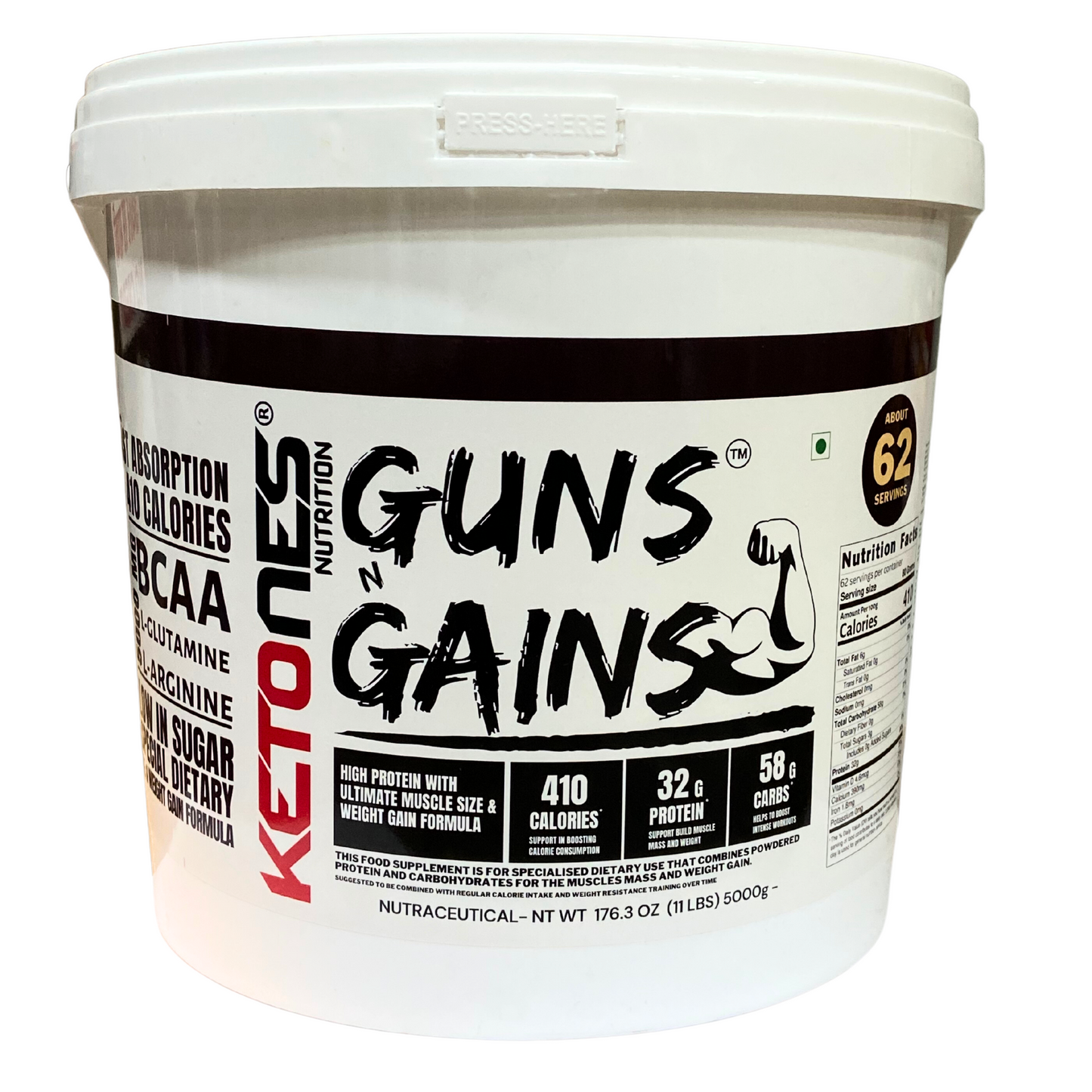 Ketones Nutrition Guns n Gains - High Protein Mass Gainer with 32g Protein & Low Sugar 5 kg