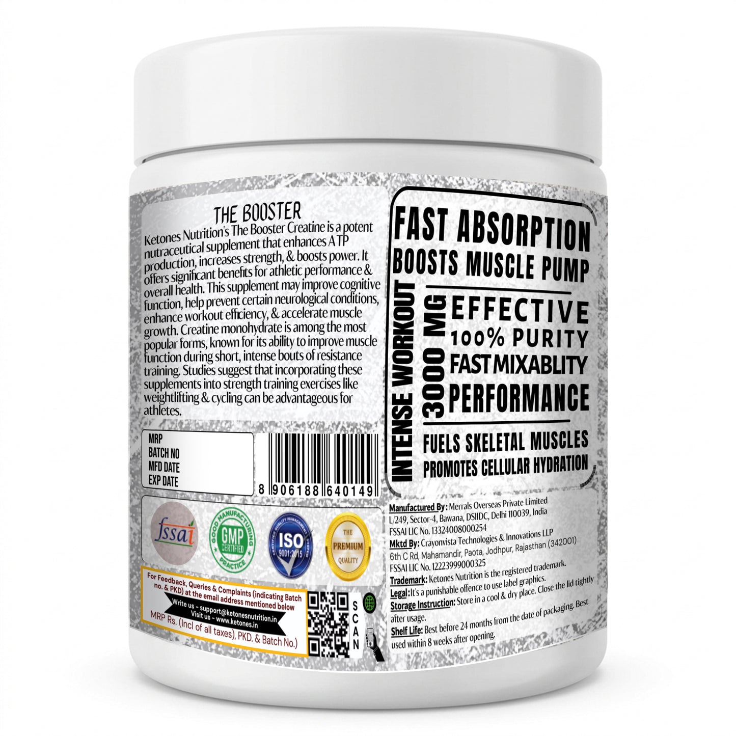 Ketones Nutrition The Booster Creatine Monohydrate - Pure Creatine Monohydrate Powder for Muscle Strength & Endurance