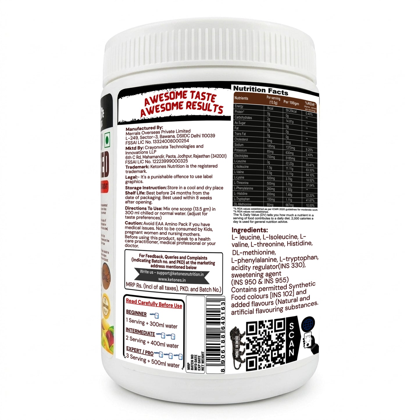 Ketones Nutrition Amino Loaded EAA Apex Series - Complete Amino Acid for Recovery & Performance