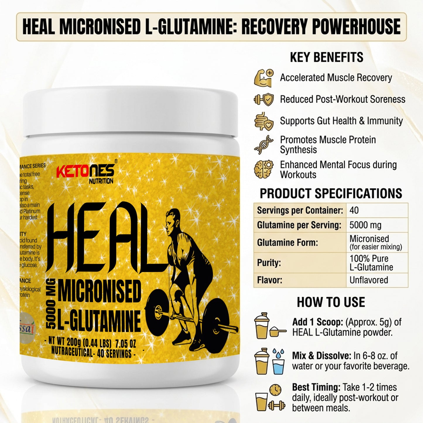 Ketones Nutrition - Heal 5000mg Micronized L-Glutamine for Muscle Recovery & Immune Support