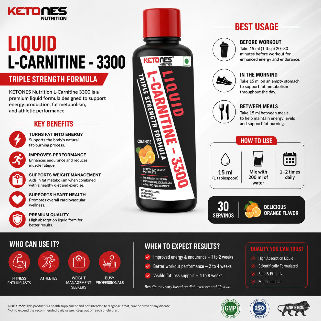 Ketones Nutrition - Liquid L Carnitine 3300 Triple Strength Formula