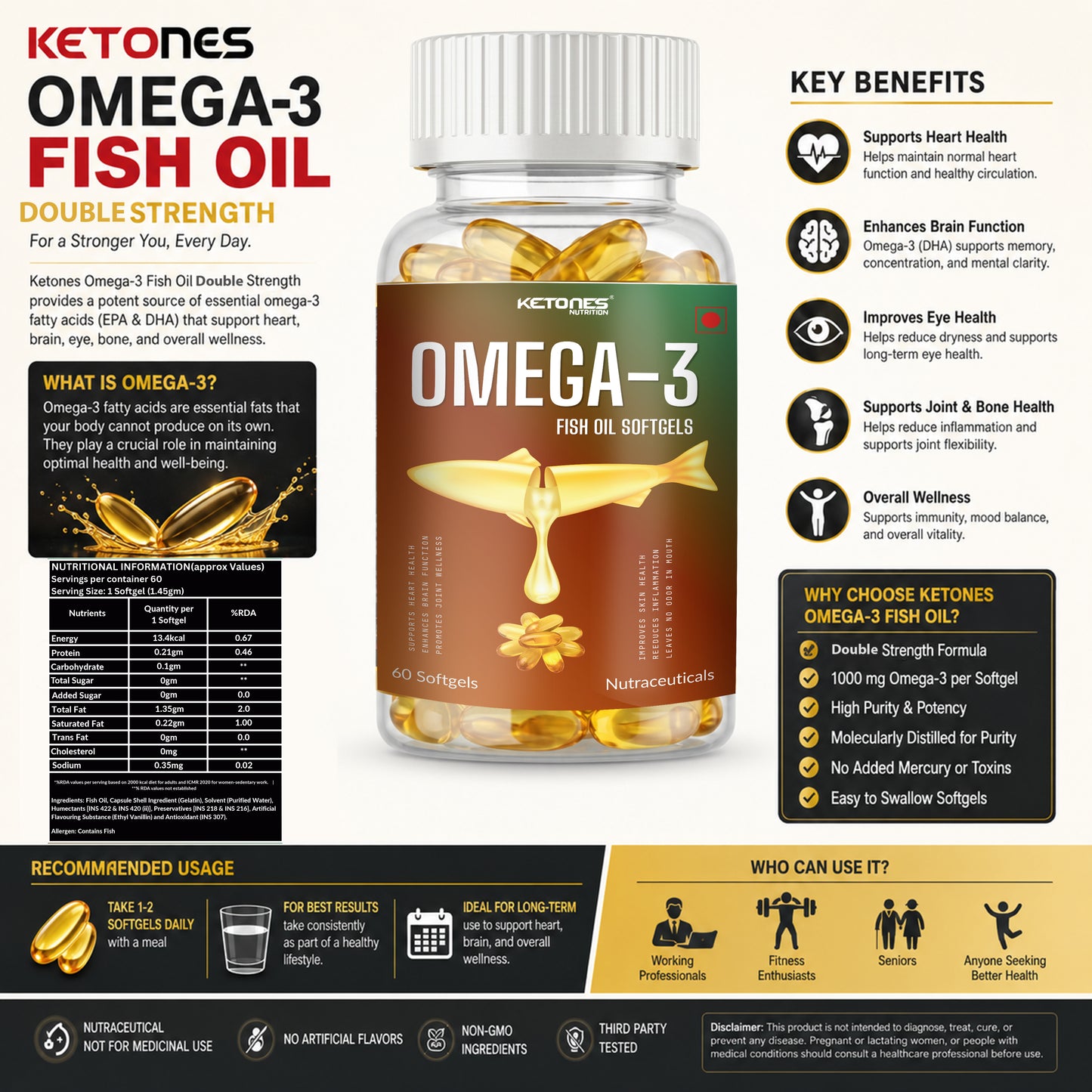 Ketones Nutrition Omega-3 Fish Oil 1000mg - KETO Support with EPA & DHA