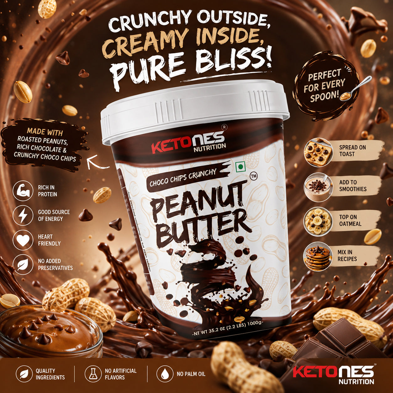 Ketones Nutrition Choco Chips Peanut Butter - High Protein Crunchy Spread