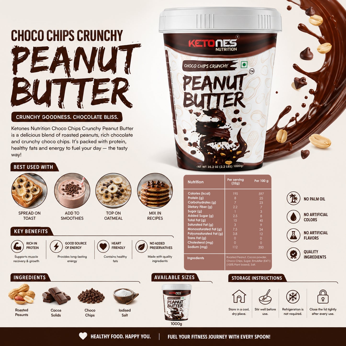Ketones Nutrition Choco Chips Peanut Butter - High Protein Crunchy Spread