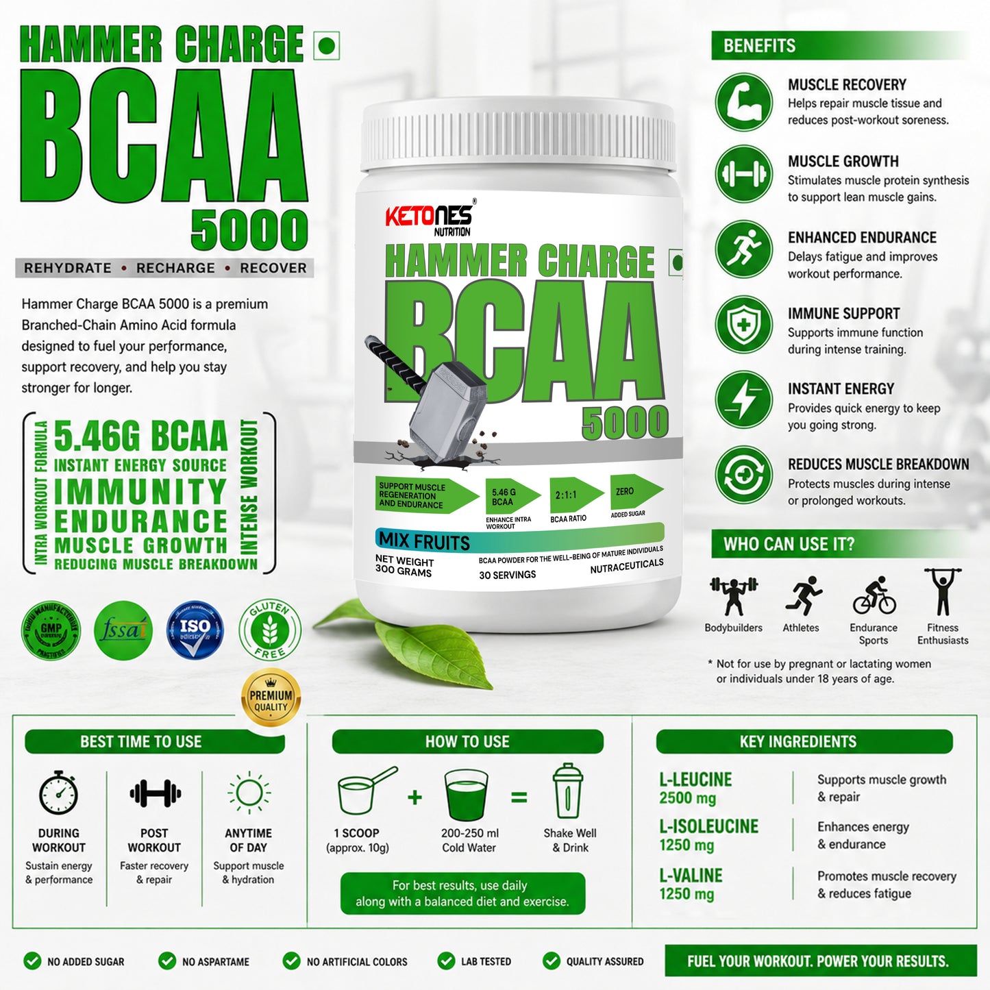 Ketones Nutrition Hammer Charge BCAA 5000 - 2:1:1 Ratio for Muscle Recovery & Performance