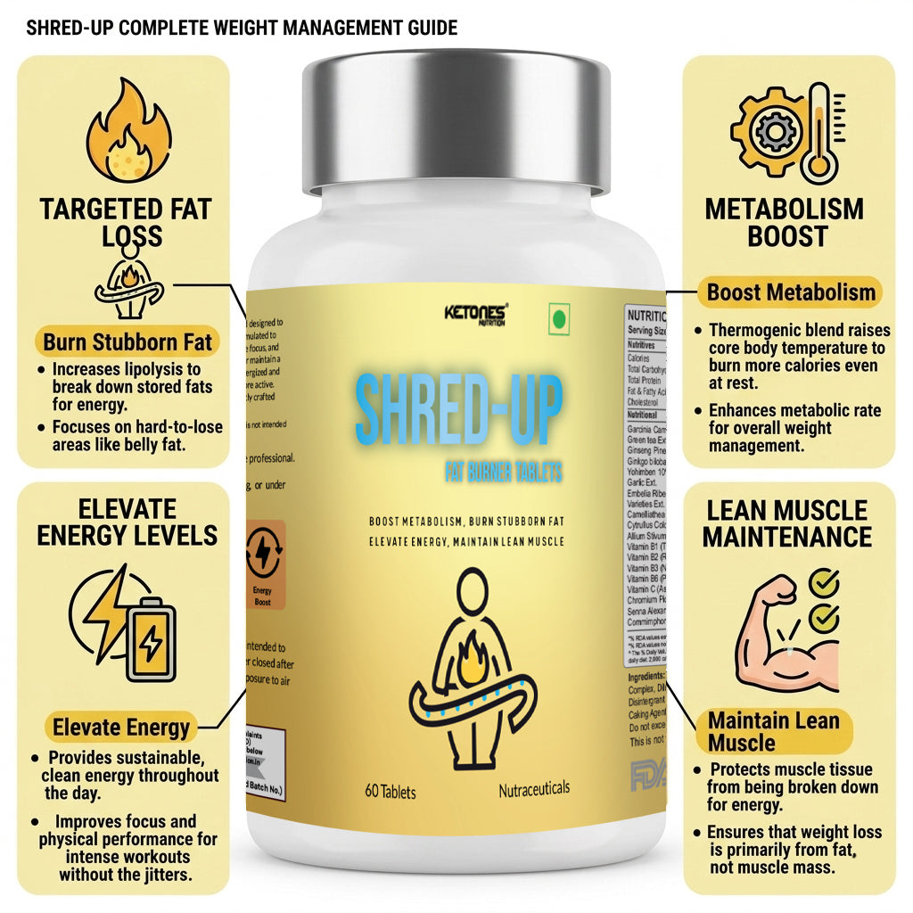 Ketones Nutrition Shred-Up Fat Burner Tablets – Advanced Weight Loss Formula with Garcinia, Green Tea & Yohimbine | Metabolism Booster & Fat Cutter | 60 Tablets