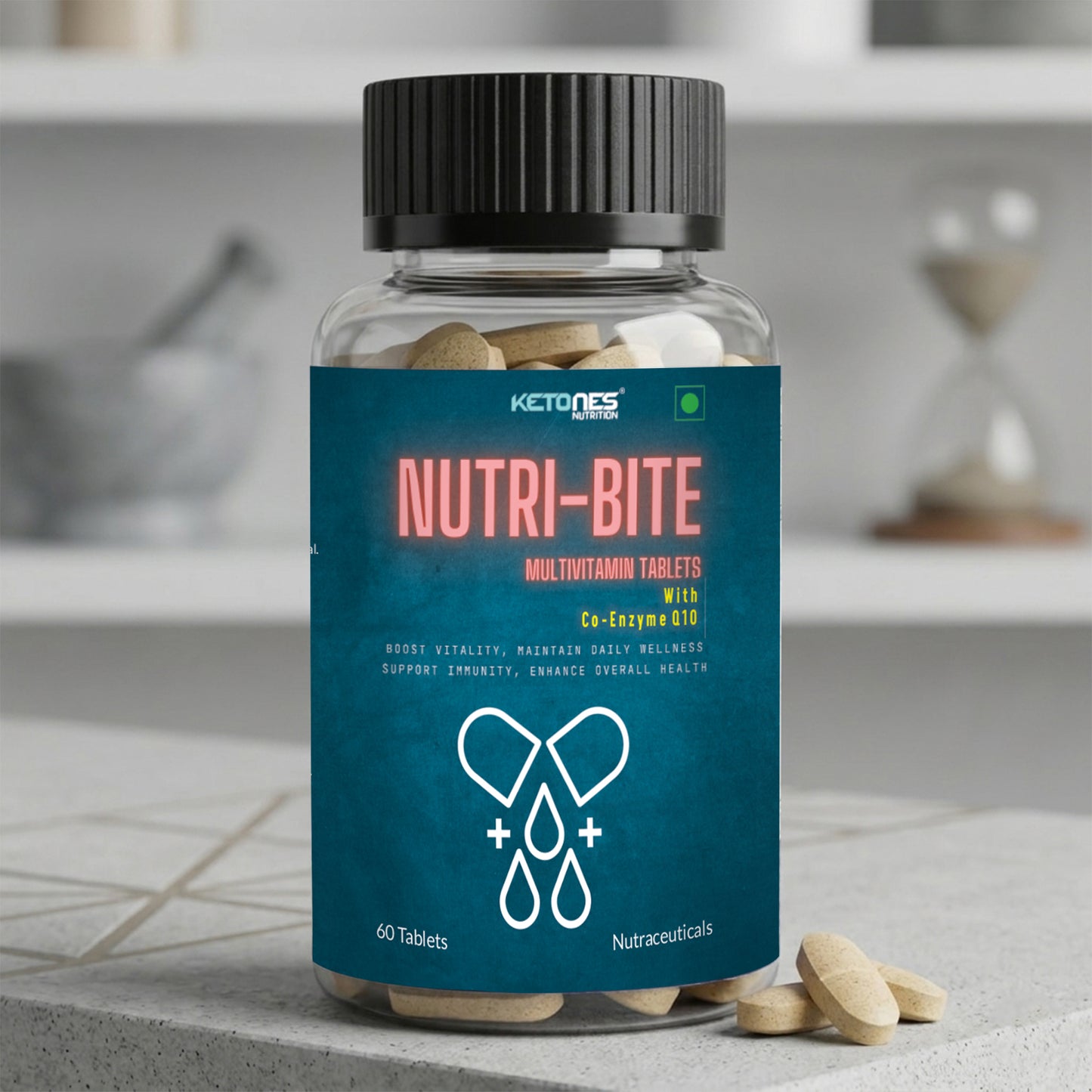 Ketones Nutrition Nutribite Multivitamin Tablets with Co-Enzyme Q10 – Daily Energy, Immunity & Heart Health Support | 60 Tablets | Multivitamin for Men & Women