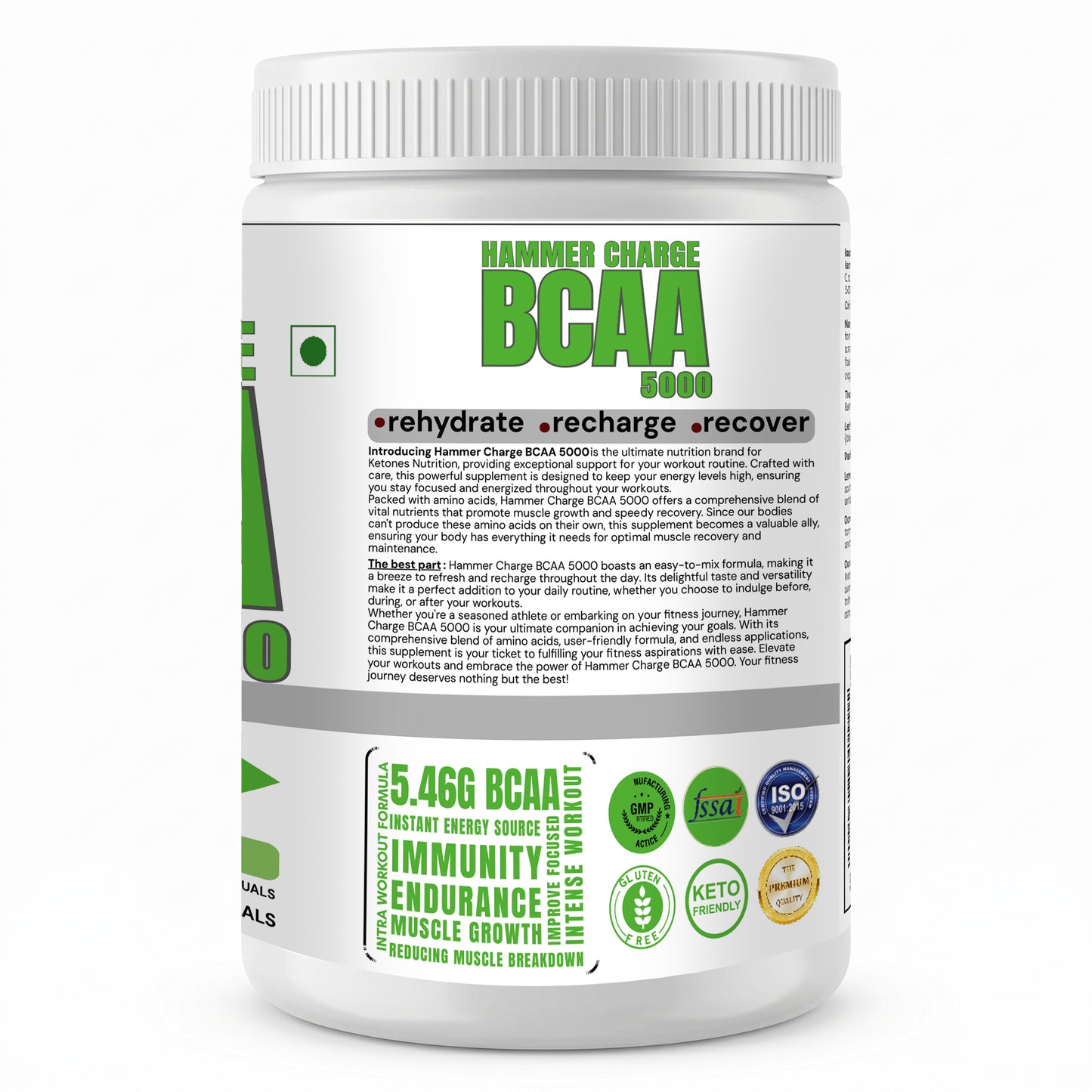 Ketones Nutrition Hammer Charge BCAA 5000 - 2:1:1 Ratio for Muscle Recovery & Performance