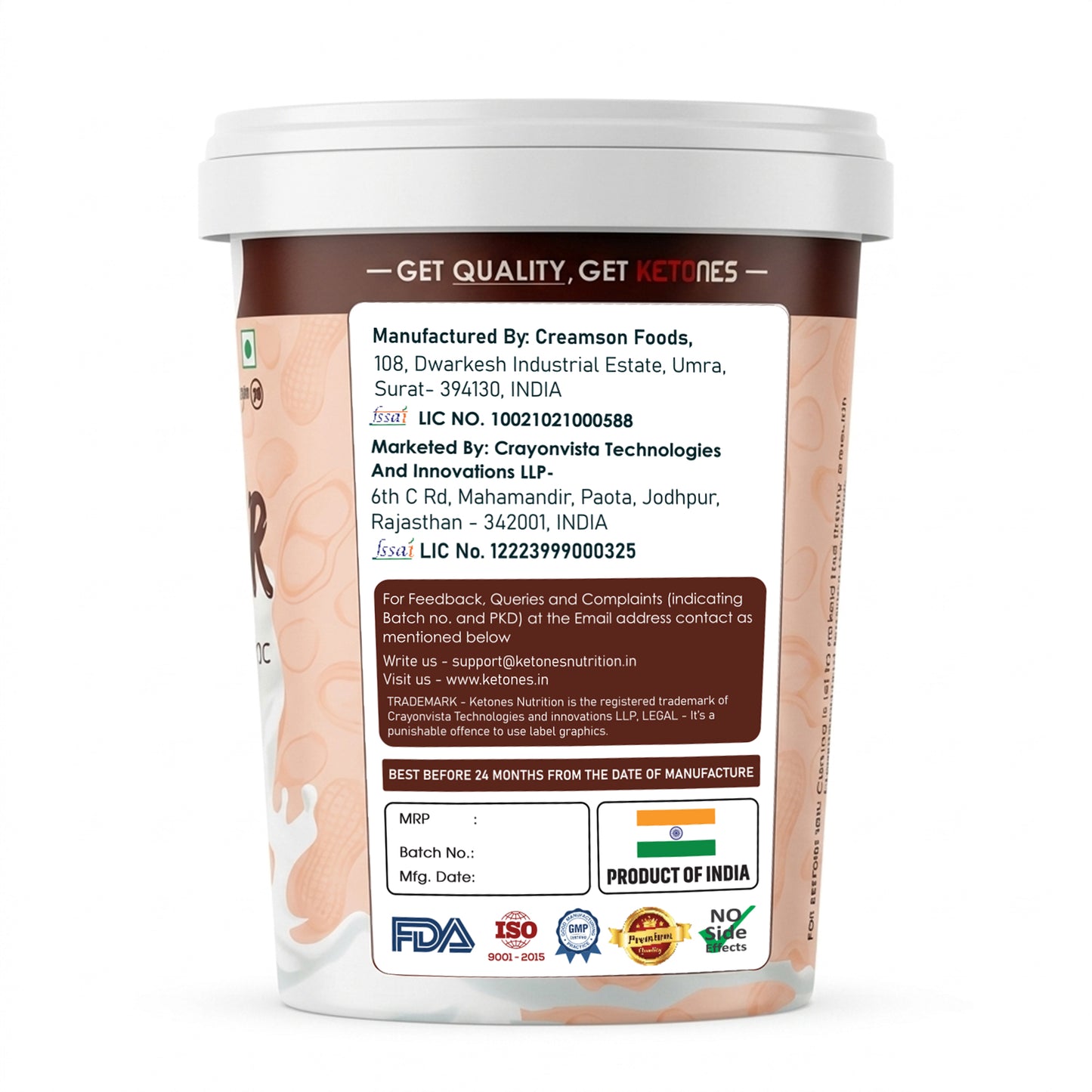 Ketones Nutrition Cream & Cookies Peanut Butter - Crunchy & High Protein Spread