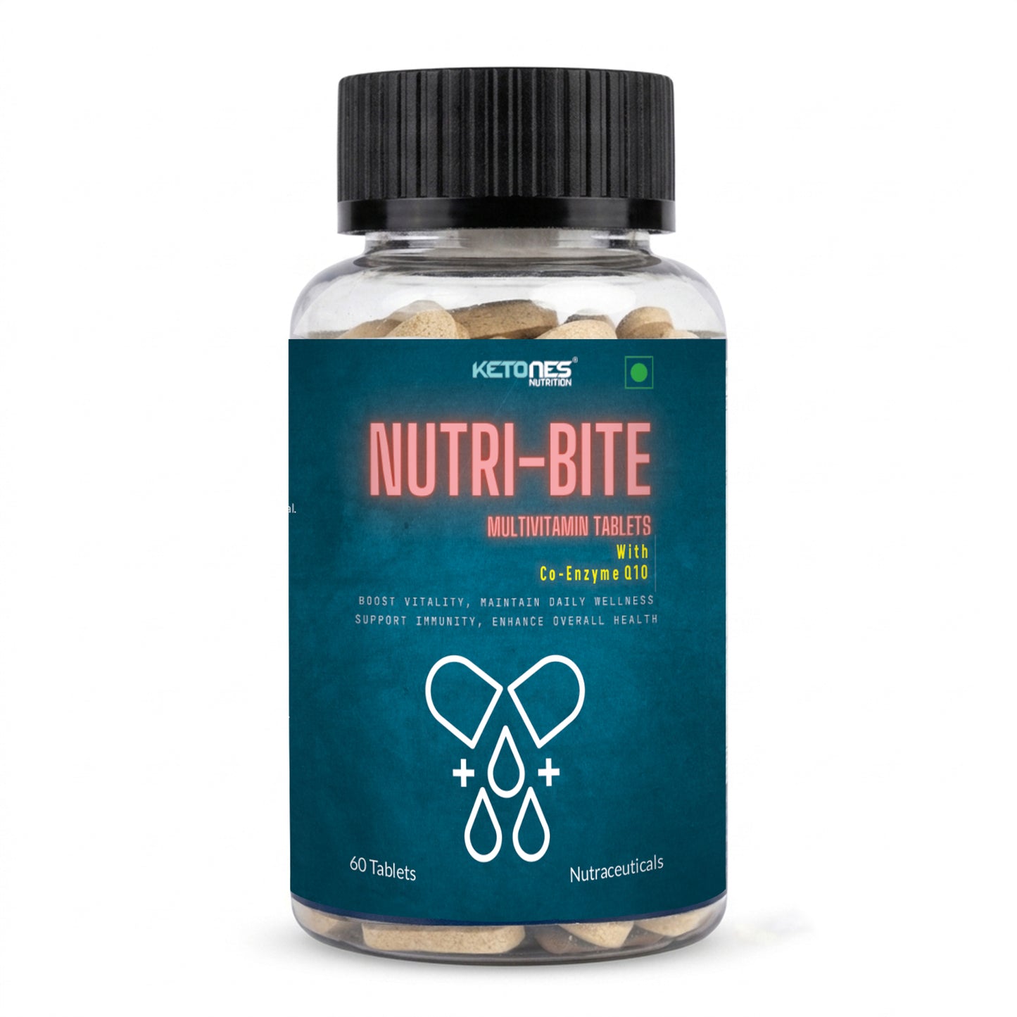 Ketones Nutrition Nutribite Multivitamin Tablets with Co-Enzyme Q10 – Daily Energy, Immunity & Heart Health Support | 60 Tablets | Multivitamin for Men & Women