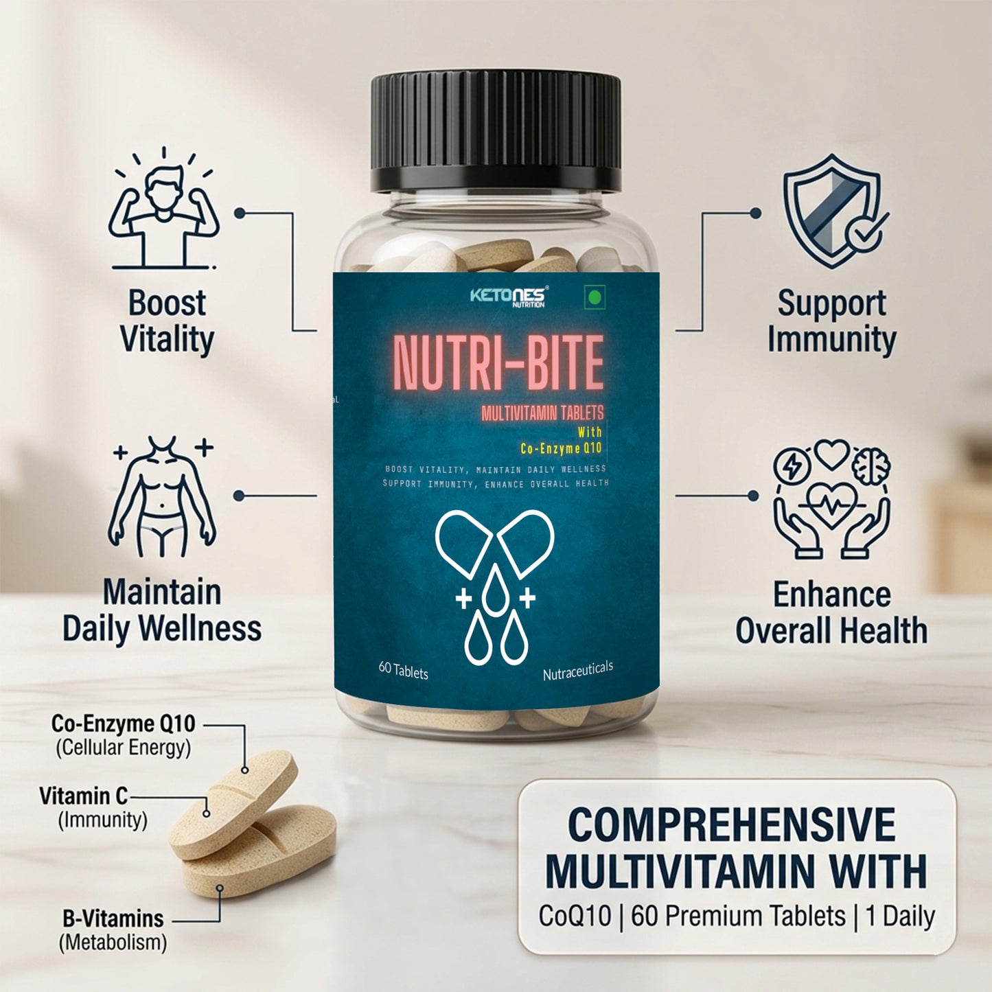 Ketones Nutrition Nutribite Multivitamin Tablets with Co-Enzyme Q10 – Daily Energy, Immunity & Heart Health Support | 60 Tablets | Multivitamin for Men & Women