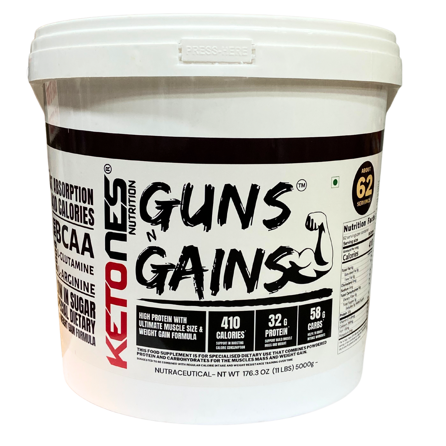 Ketones Nutrition Guns n Gains - High Protein Mass Gainer with 32g Protein & Low Sugar