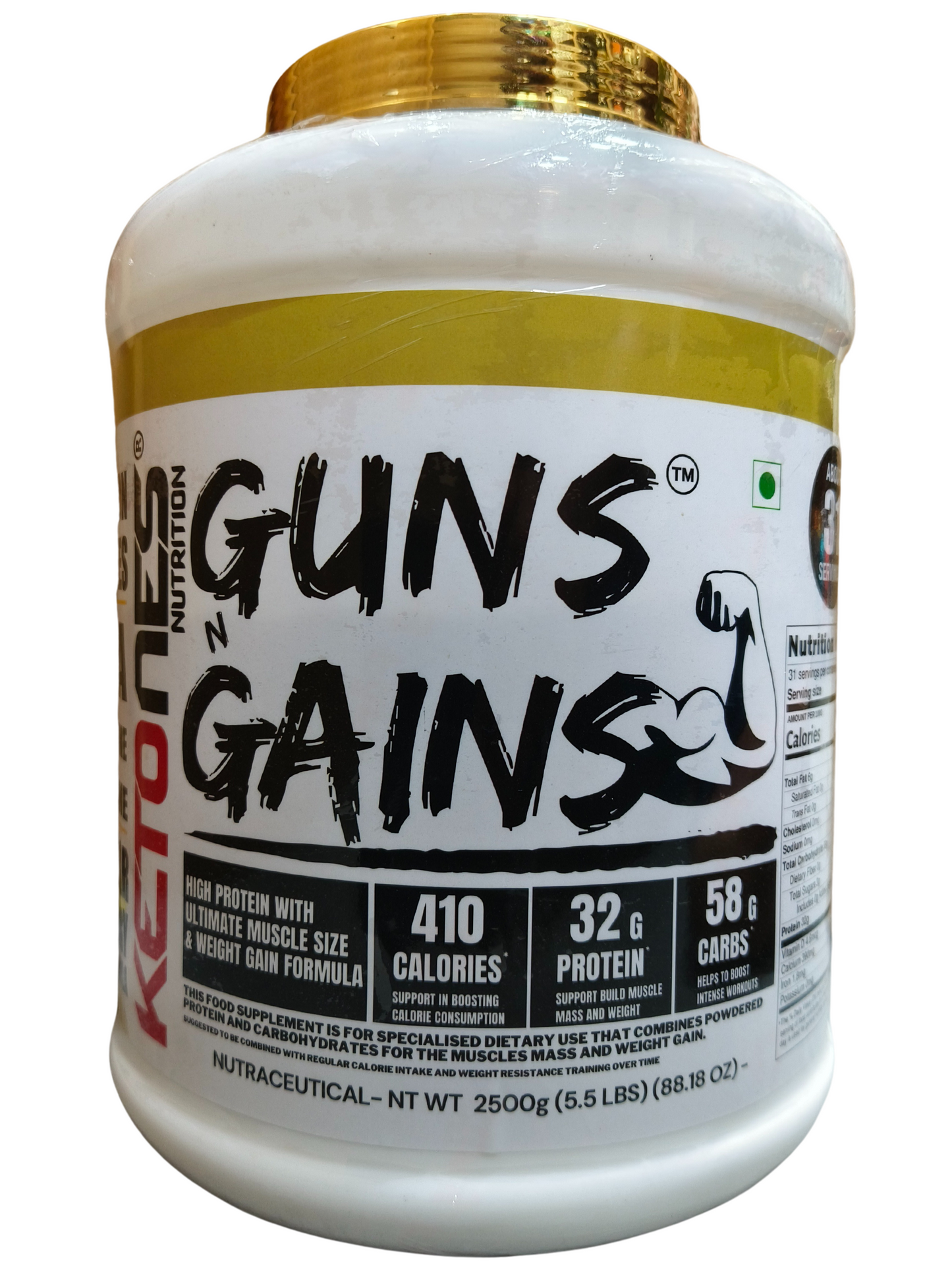 Ketones Nutrition Guns n Gains - High Protein Mass Gainer with 32g Protein & Low Sugar