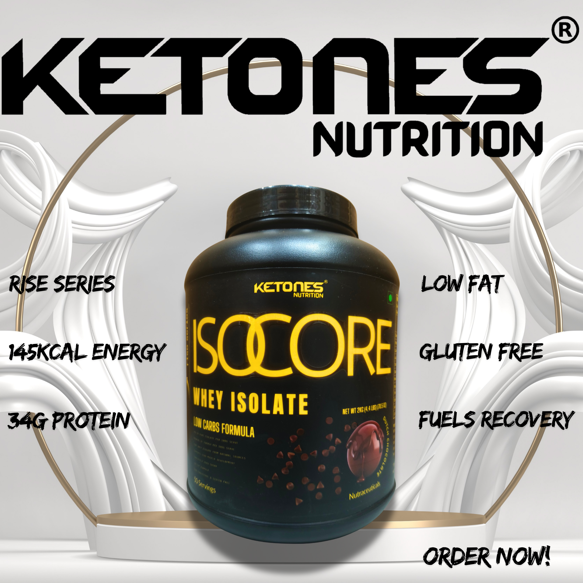 Ketones Nutrition Rise Series Isocore Whey Protein Isolate 2kg – Dutch Chocolate | 34g Protein | Zero Sugar | Low Carb & Low Fat | Fast Absorption Lean Muscle Protein