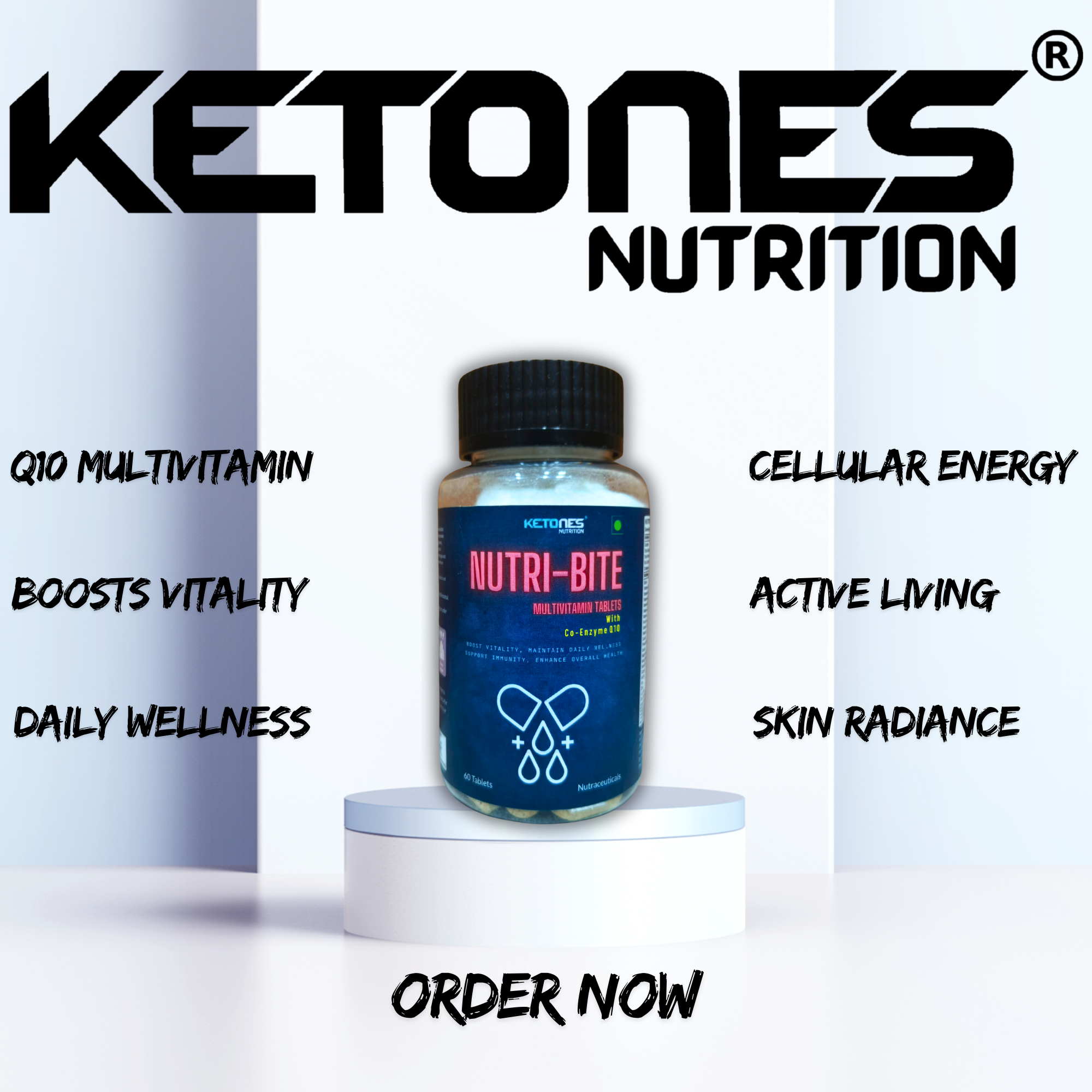 Ketones Nutrition Nutribite Multivitamin Tablets with Co-Enzyme Q10 – Daily Energy, Immunity & Heart Health Support | 60 Tablets | Multivitamin for Men & Women