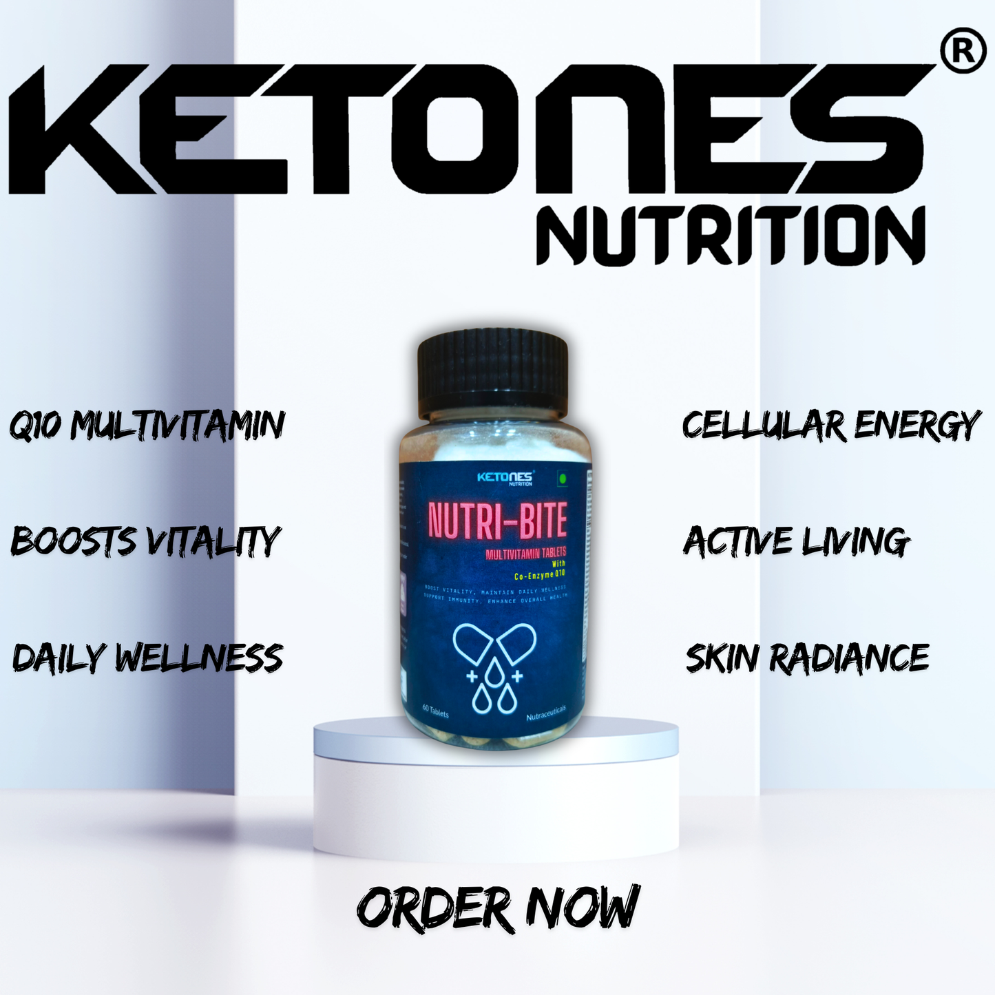 Ketones Nutrition Nutribite Multivitamin Tablets with Co-Enzyme Q10 – Daily Energy, Immunity & Heart Health Support | 60 Tablets | Multivitamin for Men & Women