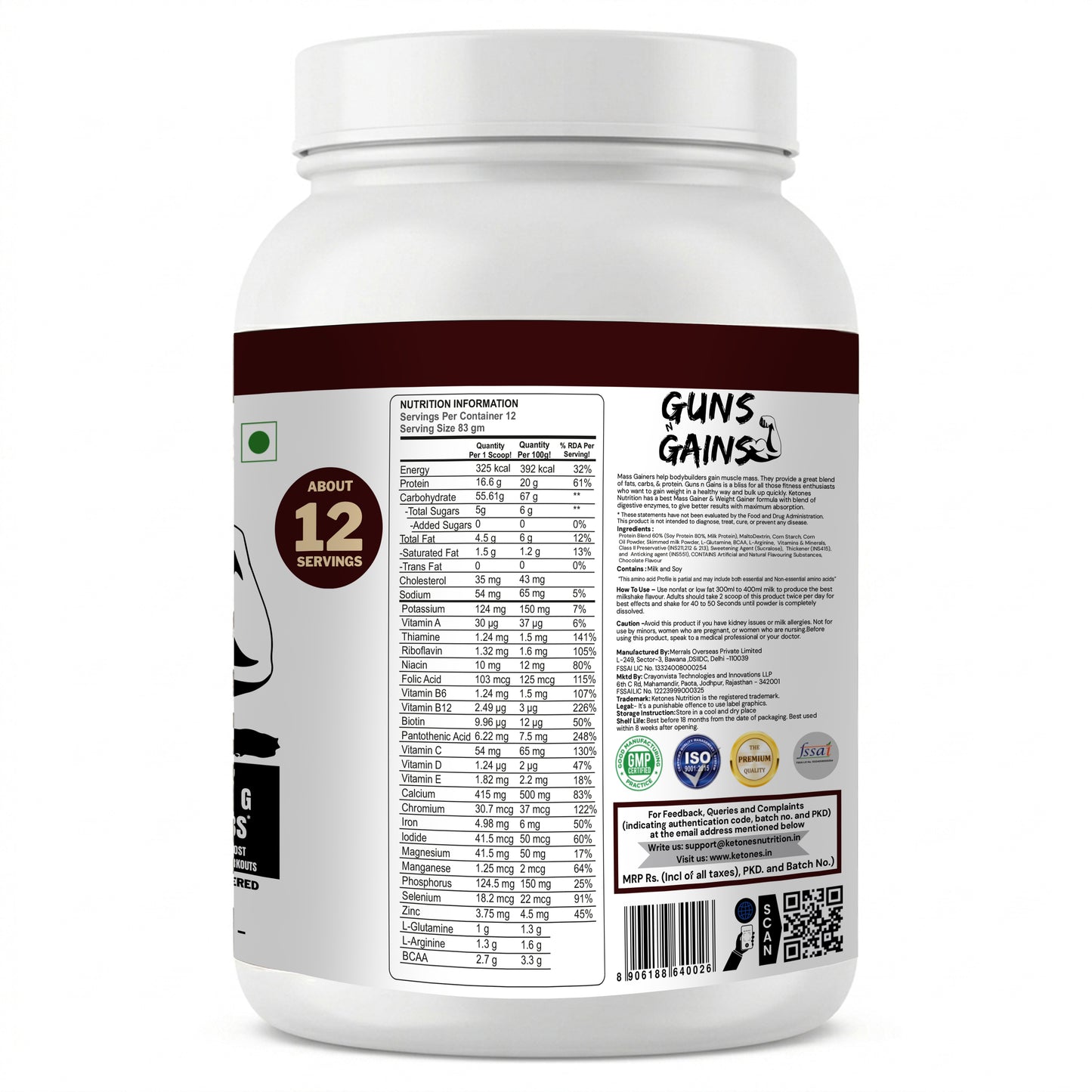 Ketones Nutrition Guns n Gains - High Protein Mass Gainer with 20g Protein & Low Sugar