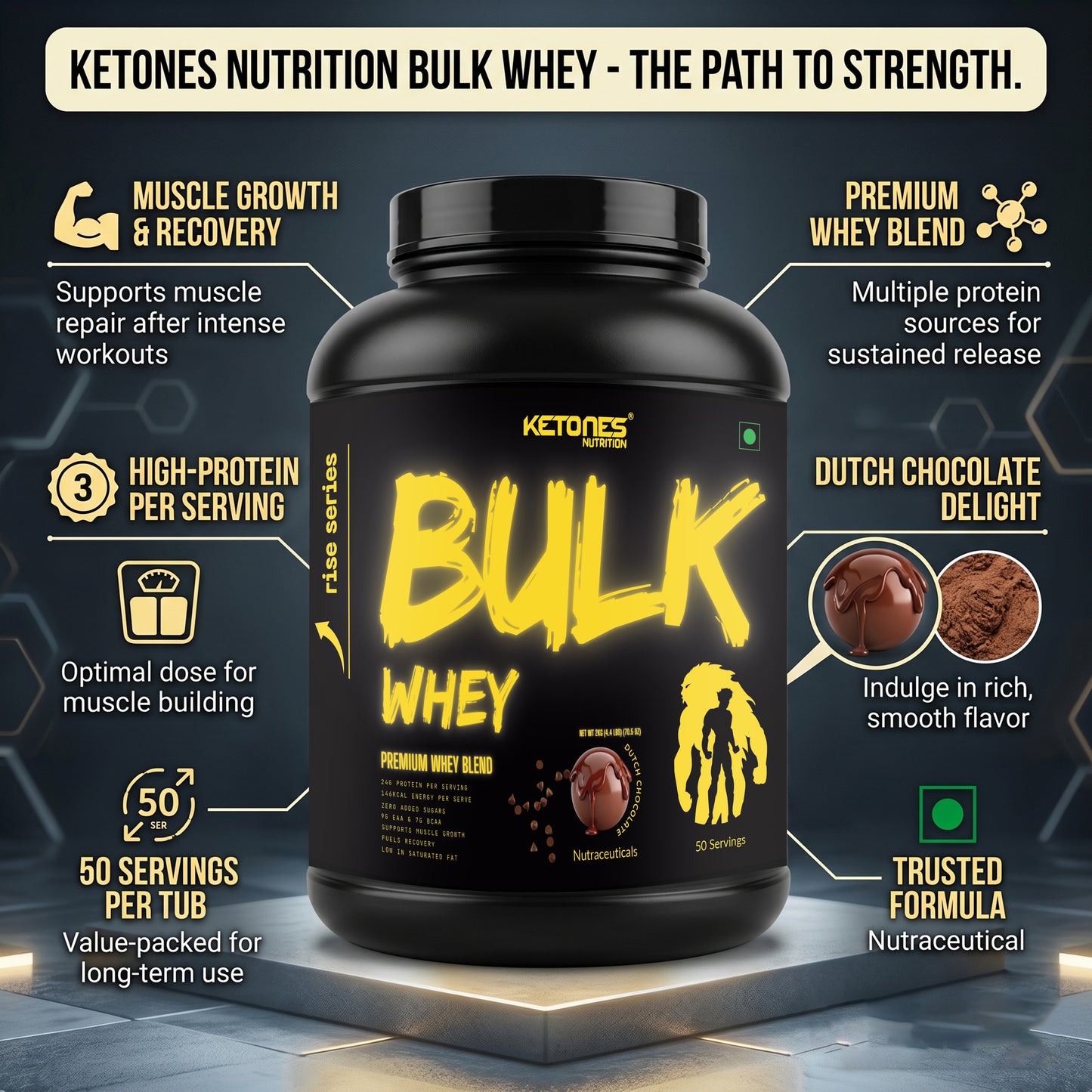 Ketones Nutrition Rise Series Bulk Whey Protein 2kg – Dutch Chocolate | High Protein (24g) | BCAA & EAA Enriched | Muscle Gain & Recovery | Low Sugar Whey Protein Powder