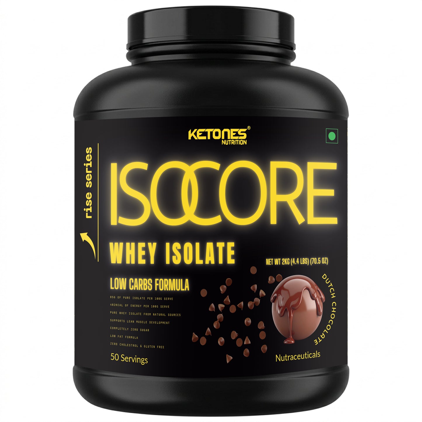Ketones Nutrition Rise Series Isocore Whey Protein Isolate 2kg – Dutch Chocolate | 34g Protein | Zero Sugar | Low Carb & Low Fat | Fast Absorption Lean Muscle Protein
