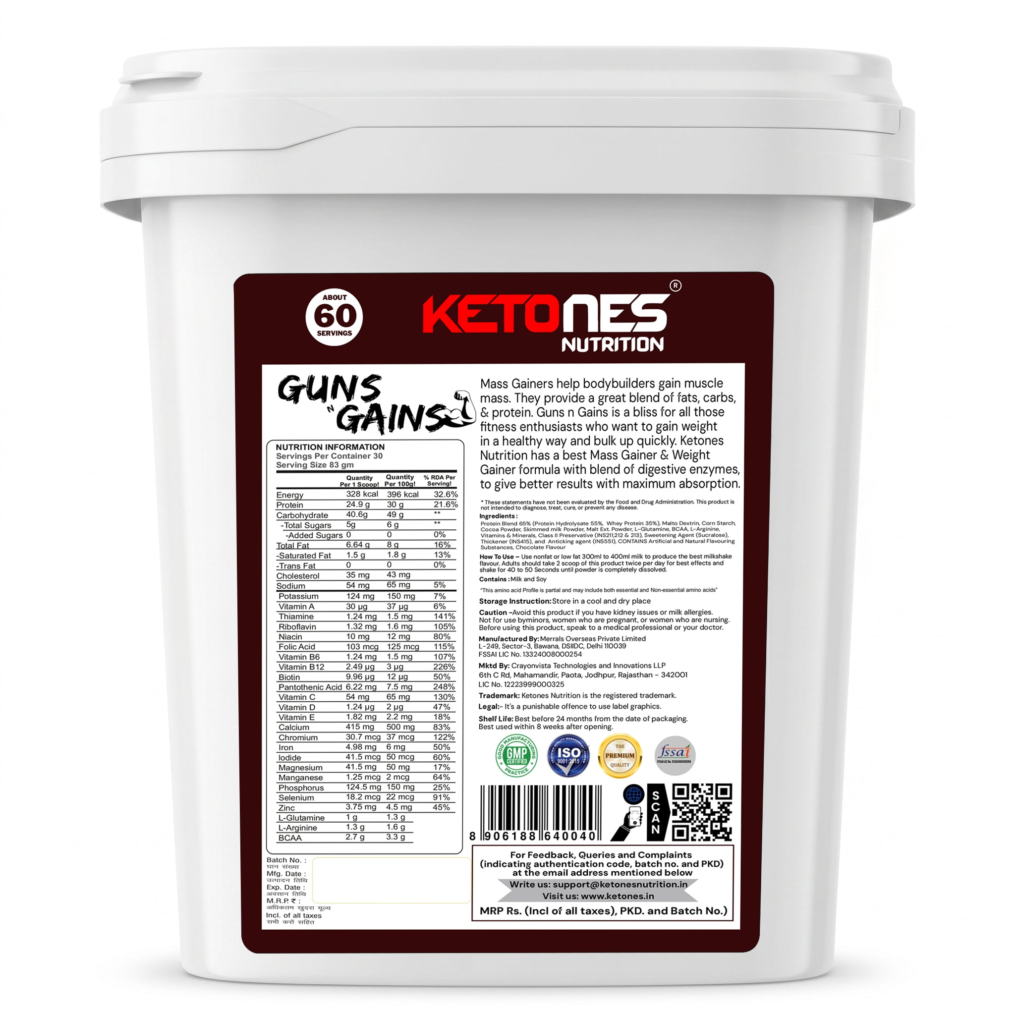 Ketones Nutrition Guns n Gains - High Protein Mass Gainer with 20g Protein & Low Sugar