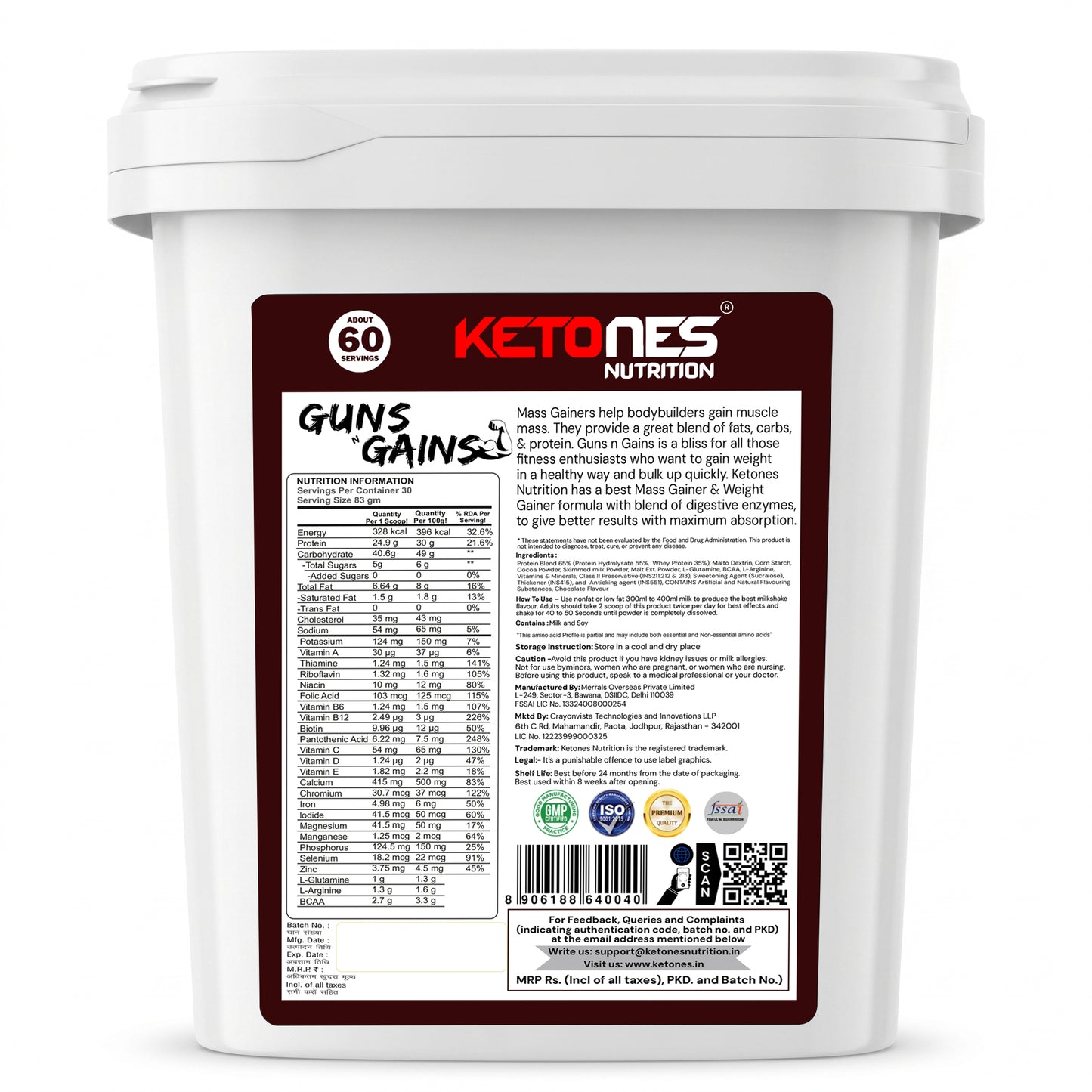 Ketones Nutrition Guns n Gains - High Protein Mass Gainer with 20g Protein & Low Sugar
