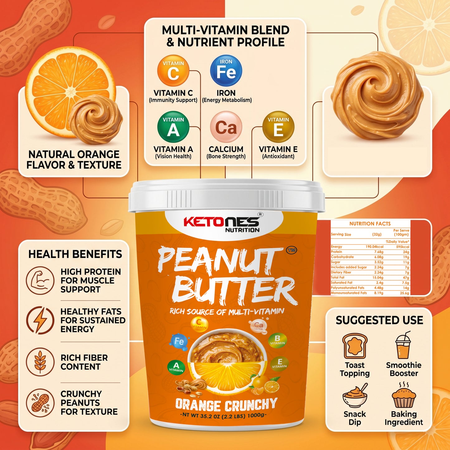 Ketones Nutrition Orange Crunchy Peanut Butter - High Protein Spread with 8g Protein