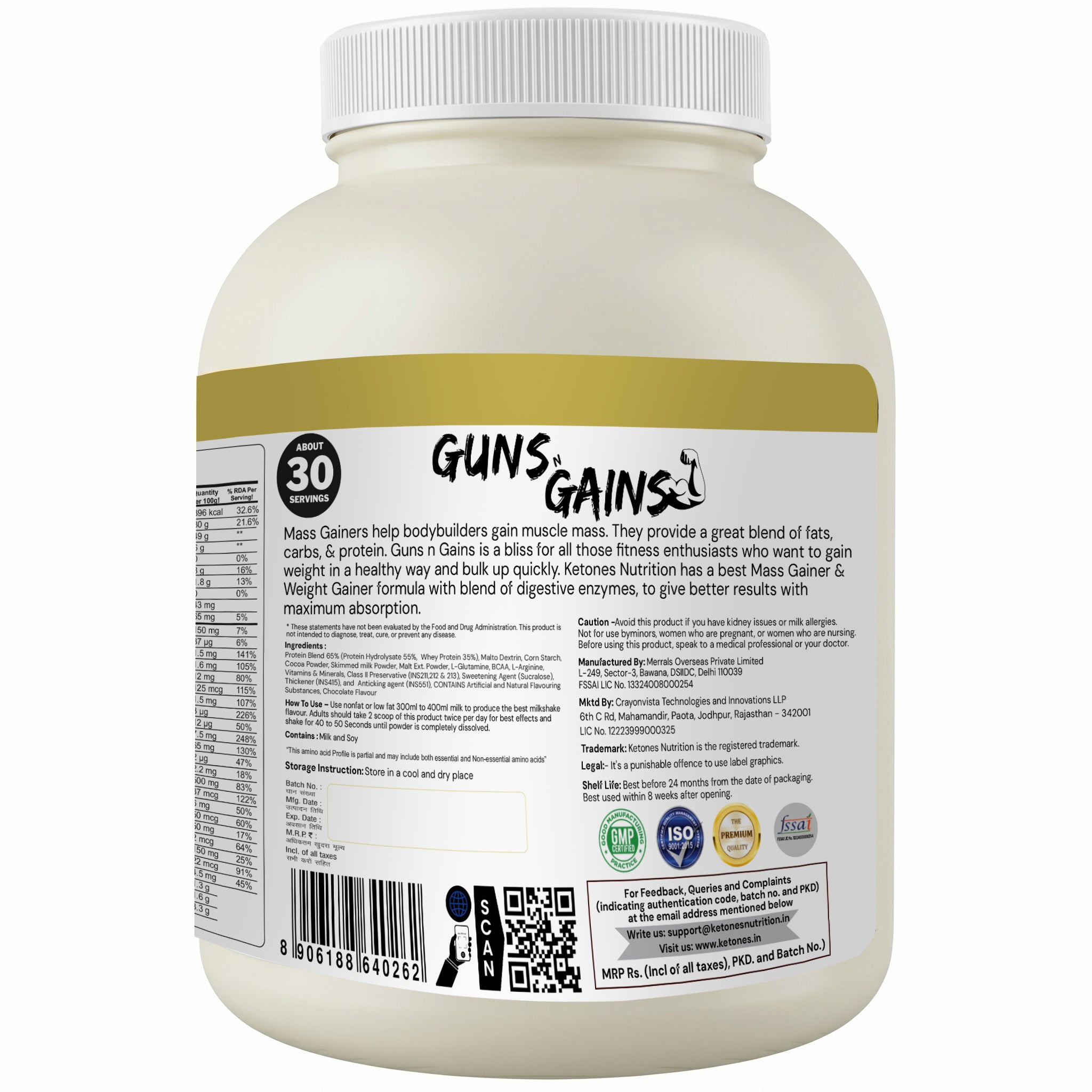 Ketones Nutrition Guns n Gains - High Protein Mass Gainer with 20g Protein & Low Sugar