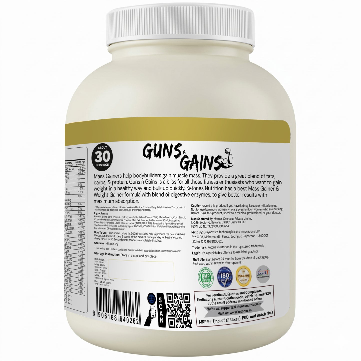 Ketones Nutrition Guns n Gains - High Protein Mass Gainer with 20g Protein & Low Sugar