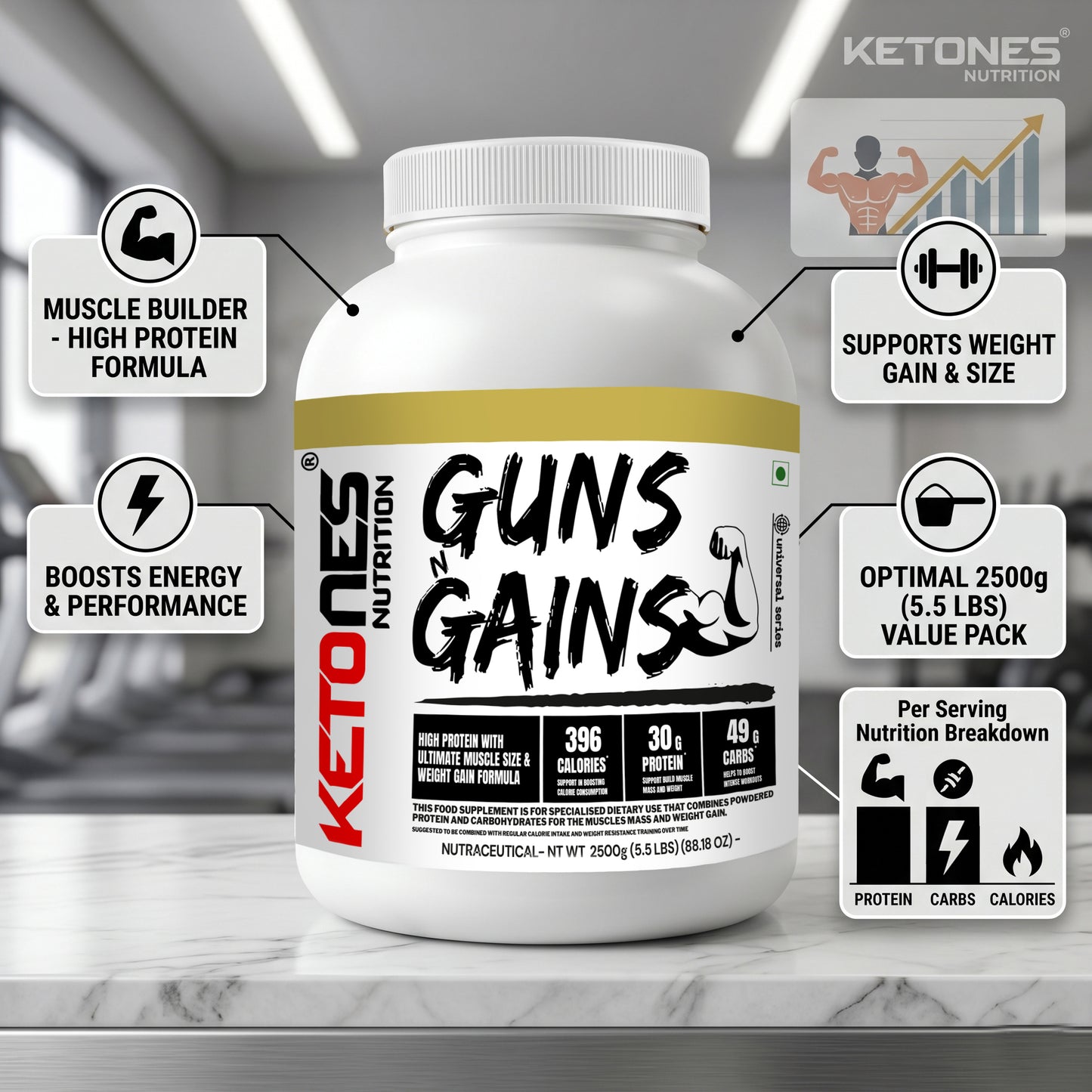 Ketones Nutrition Guns n Gains - High Protein Mass Gainer with 20g Protein & Low Sugar