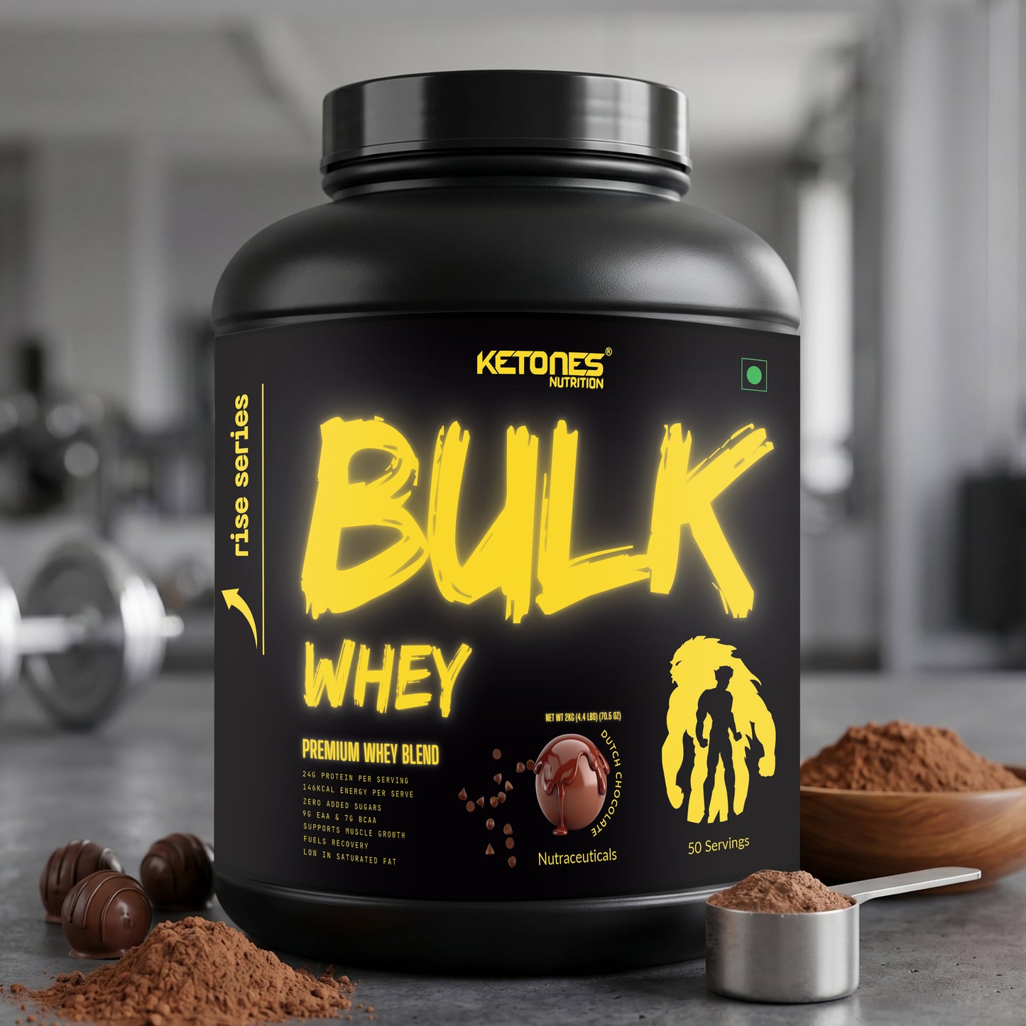 Ketones Nutrition Rise Series Bulk Whey Protein 2kg – Dutch Chocolate | High Protein (24g) | BCAA & EAA Enriched | Muscle Gain & Recovery | Low Sugar Whey Protein Powder