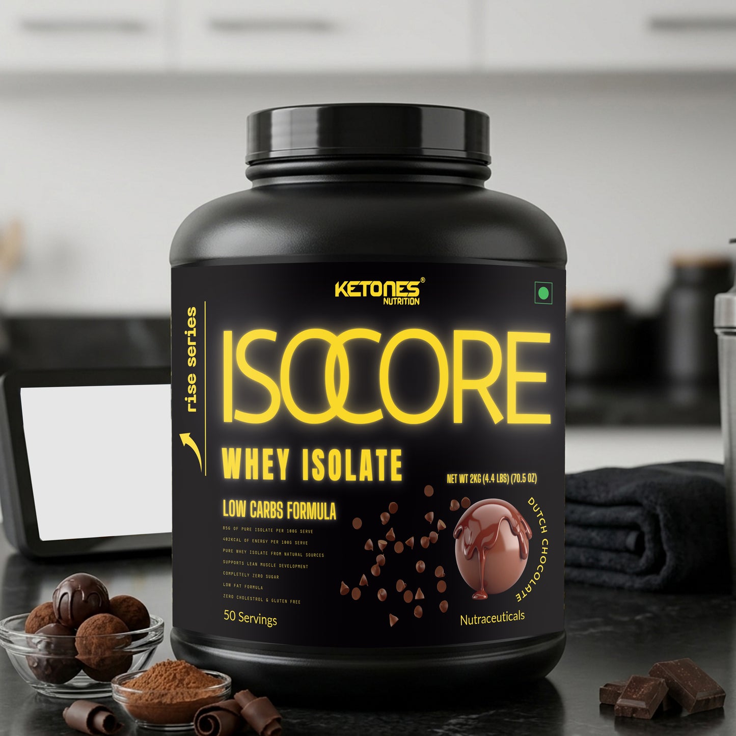 Ketones Nutrition Rise Series Isocore Whey Protein Isolate 2kg – Dutch Chocolate | 34g Protein | Zero Sugar | Low Carb & Low Fat | Fast Absorption Lean Muscle Protein