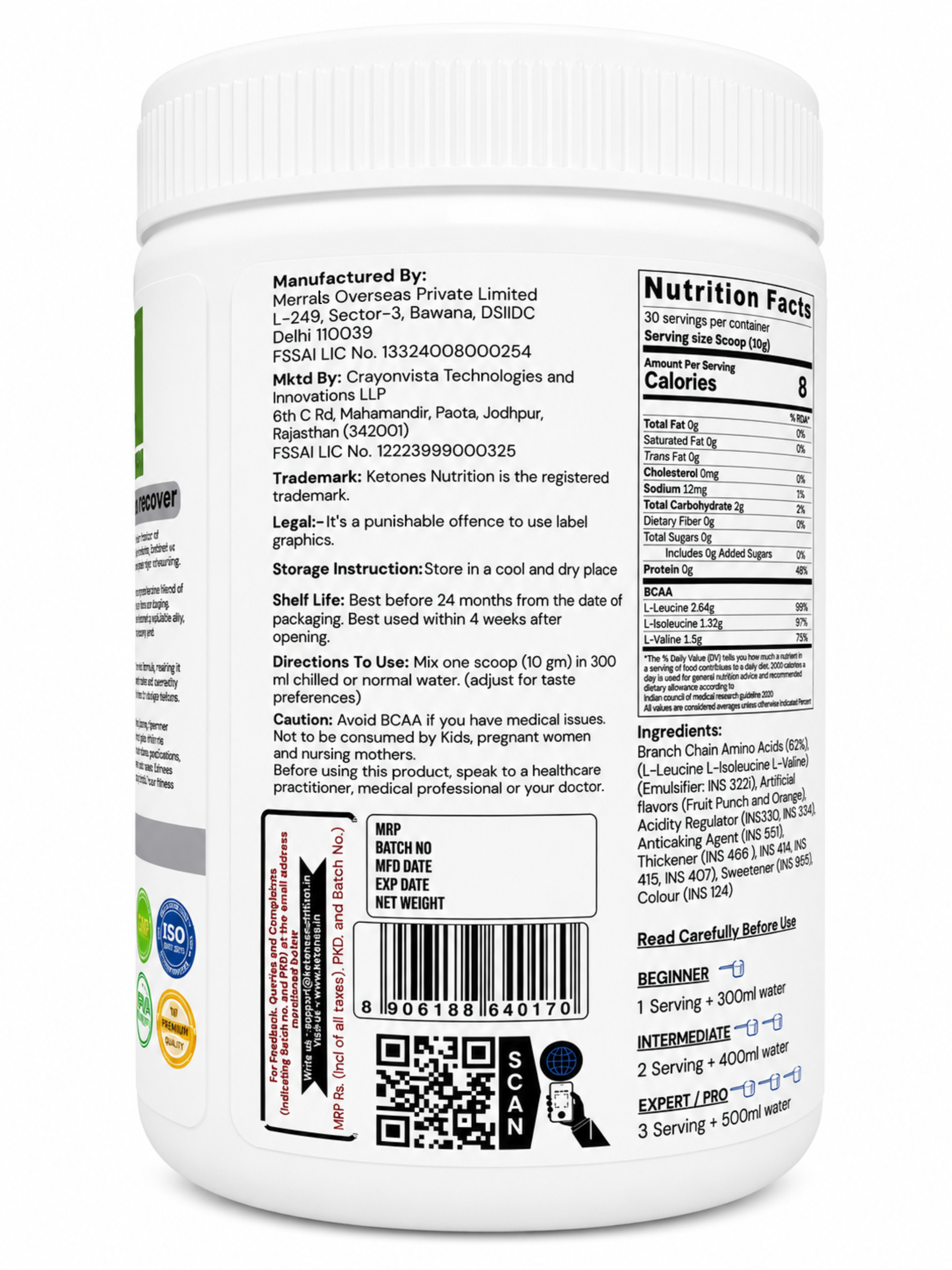Ketones Nutrition Hammer Charge BCAA 5000 - 2:1:1 Ratio for Muscle Recovery & Performance