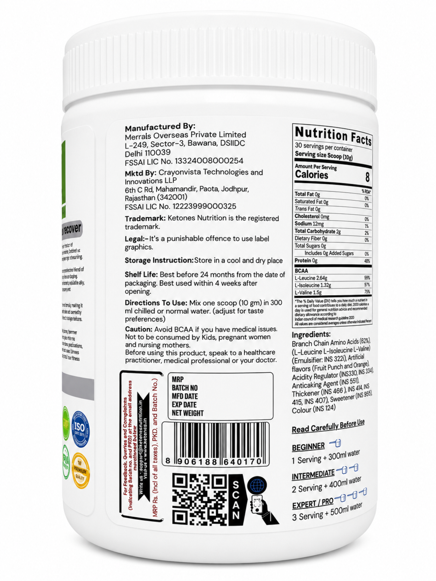 Ketones Nutrition Hammer Charge BCAA 5000 - 2:1:1 Ratio for Muscle Recovery & Performance