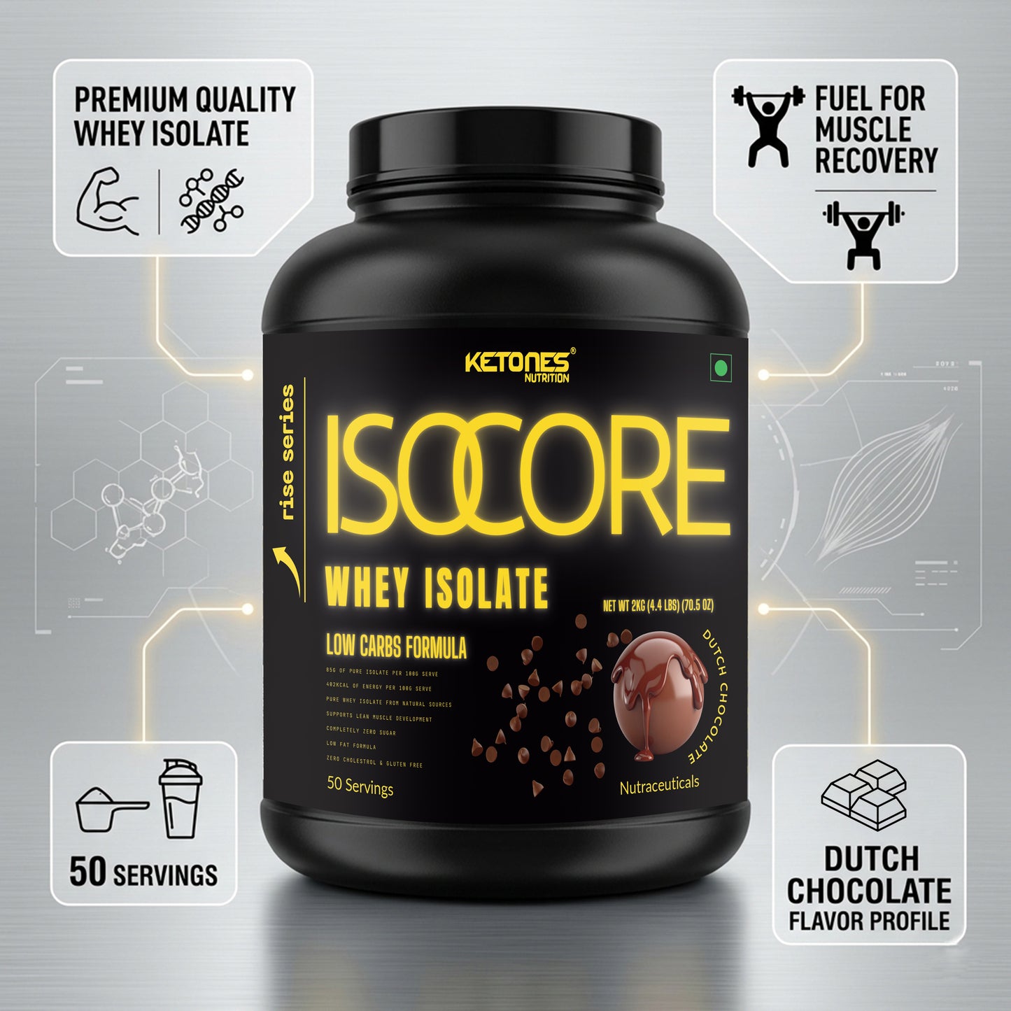 Ketones Nutrition Rise Series Isocore Whey Protein Isolate 2kg – Dutch Chocolate | 34g Protein | Zero Sugar | Low Carb & Low Fat | Fast Absorption Lean Muscle Protein